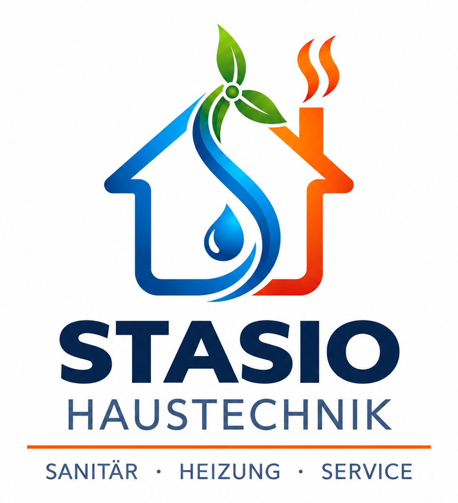 STASIO Haustechnik – Sanitär, Heizung und Service. Hauslogo in Blau und Orange mit Wassertropfen und grünem Propeller.